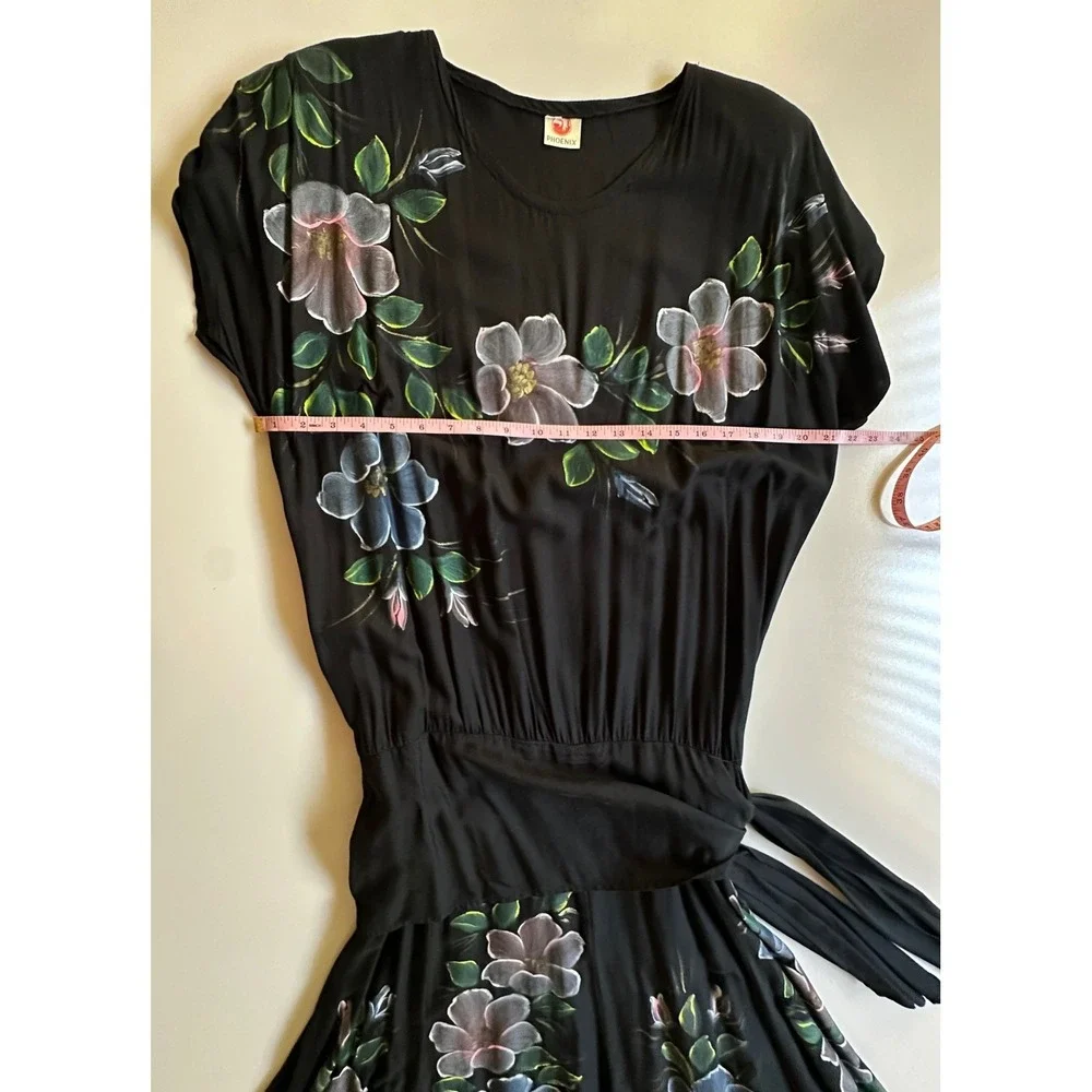 Phoenix‎ Vintage Hand Painted Floral Black Midi Dress Shoulder Pads Tie Waist OS